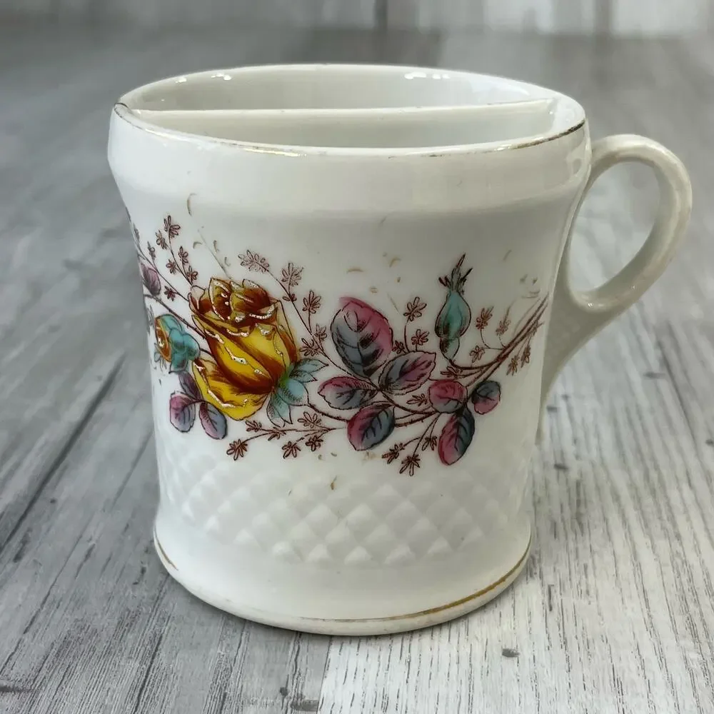 Vintage Textured White Multicolor Floral Accent Gold Trim Shaving Mug Cup Decor